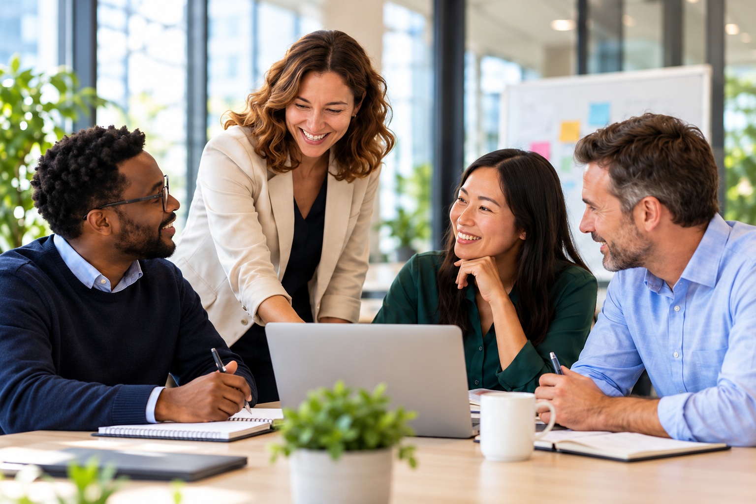 Four professionals learning together around a laptop in a bright office